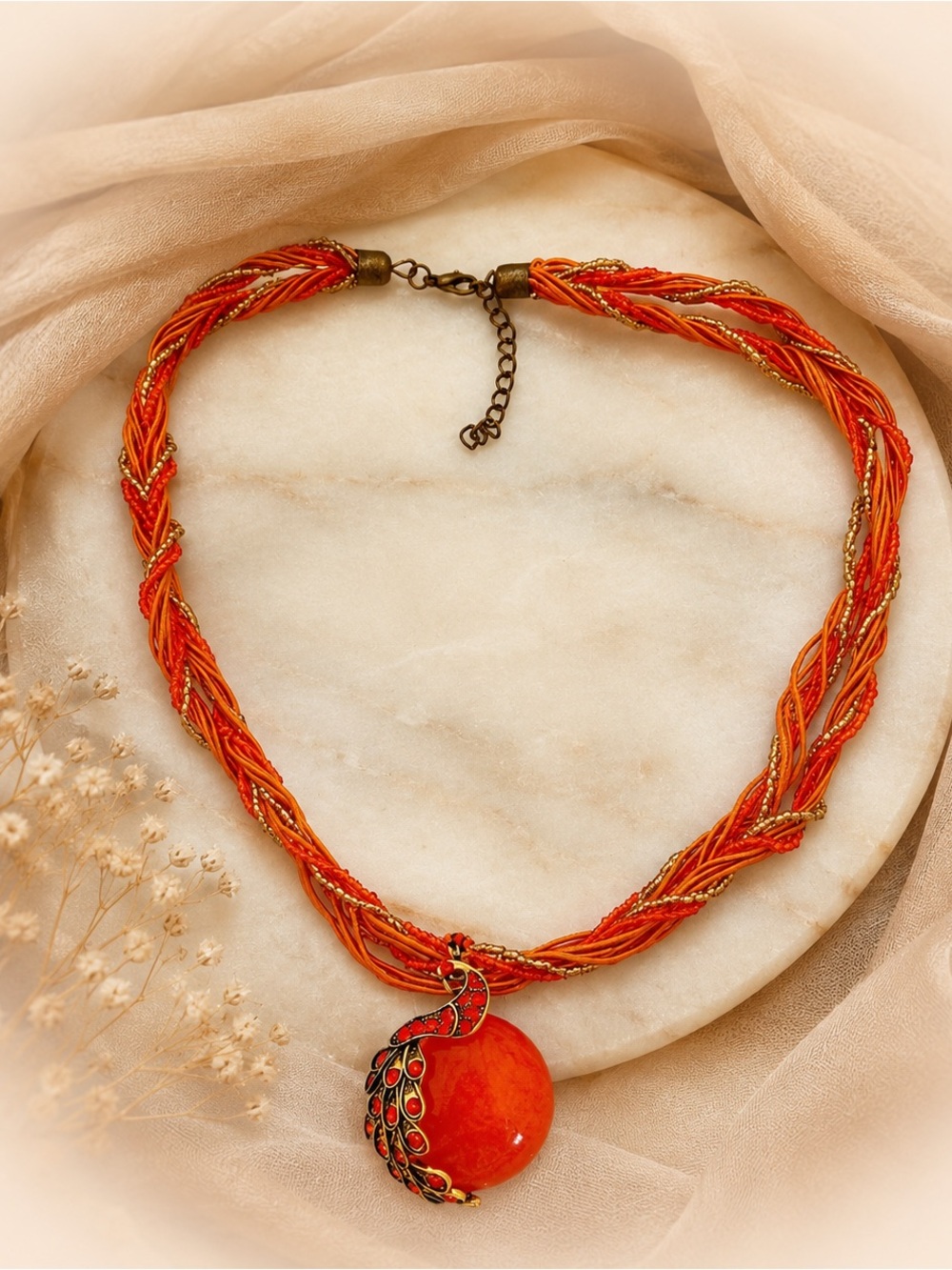 Orange Peacock Multistrand Statement Necklace